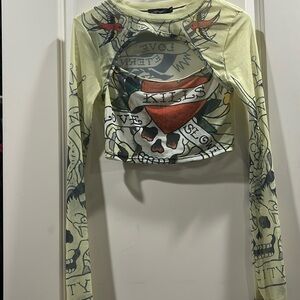 Vintage Ed Hardy x Dolls Kill Tattoo Mesh sheer crop peekaboo top long sleeve S